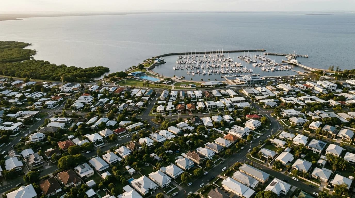 Aerial view of bayside Brisbane rooftops running down to a marina and Moreton Bay at late afternoon