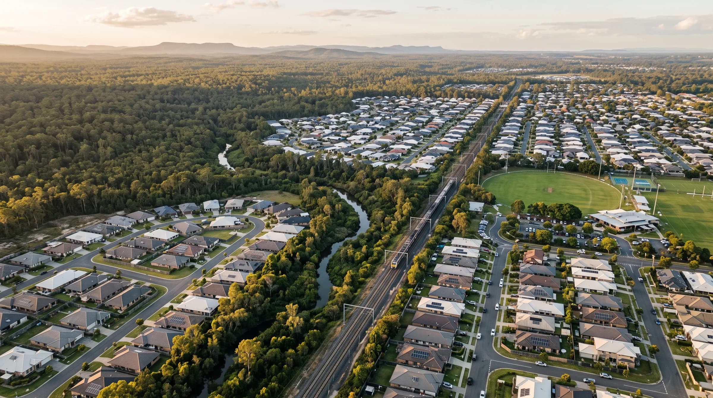 Aerial view of a Queensland suburb where newer estates meet bushland