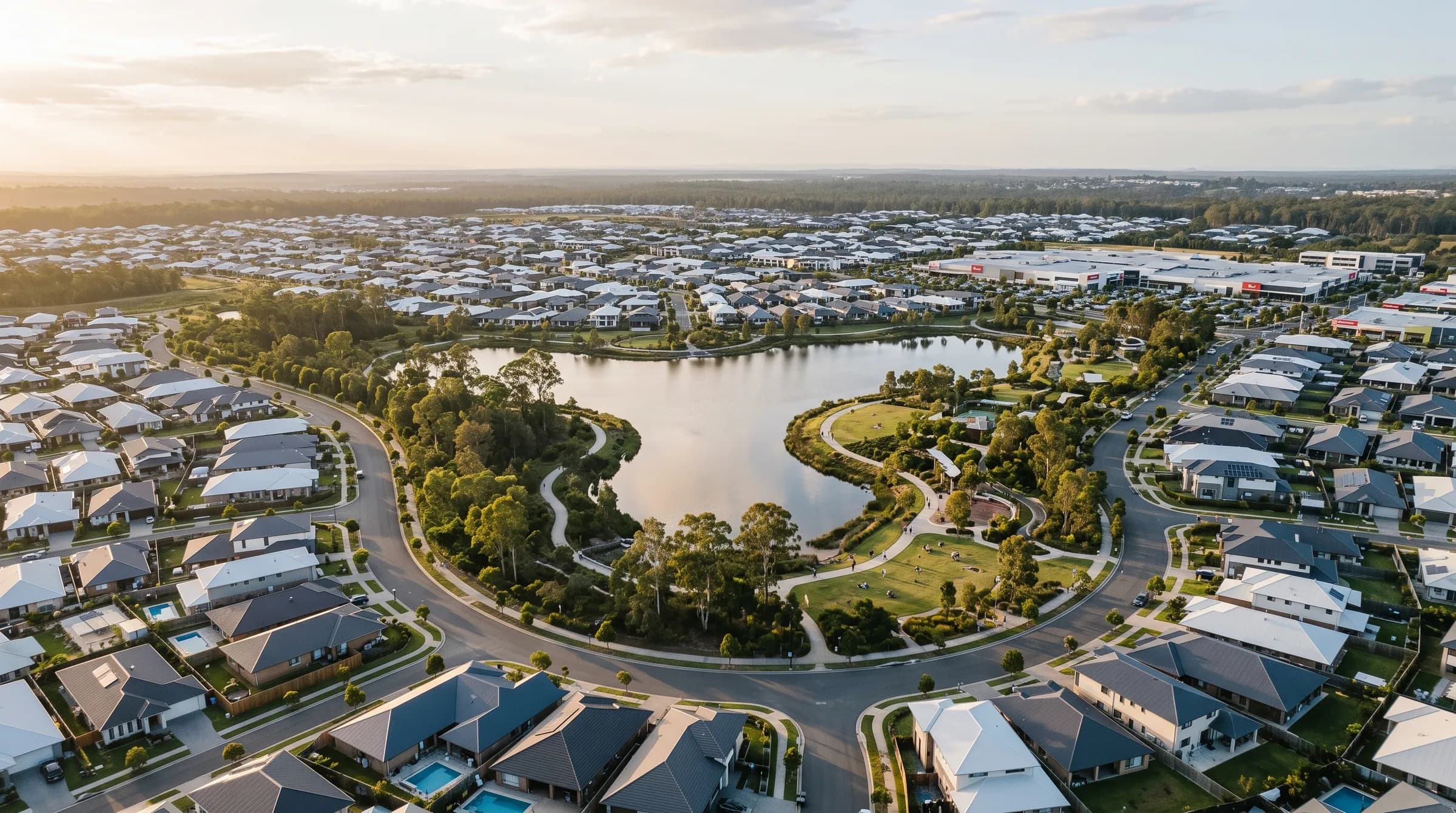 Aerial view of a modern master-planned suburb with a landscaped lake and new homes
