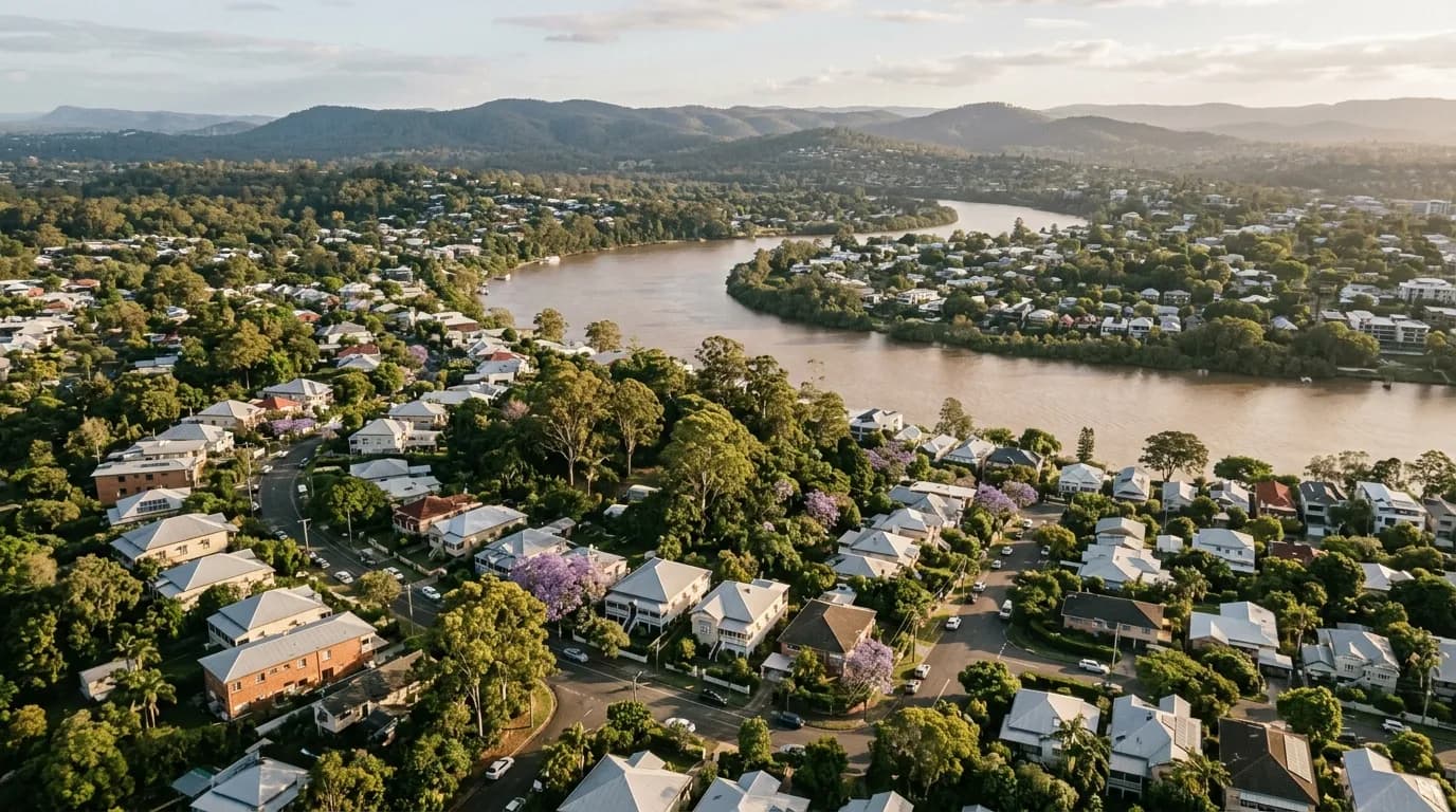 Aerial view of leafy western Brisbane suburbs beside a curve of the Brisbane River