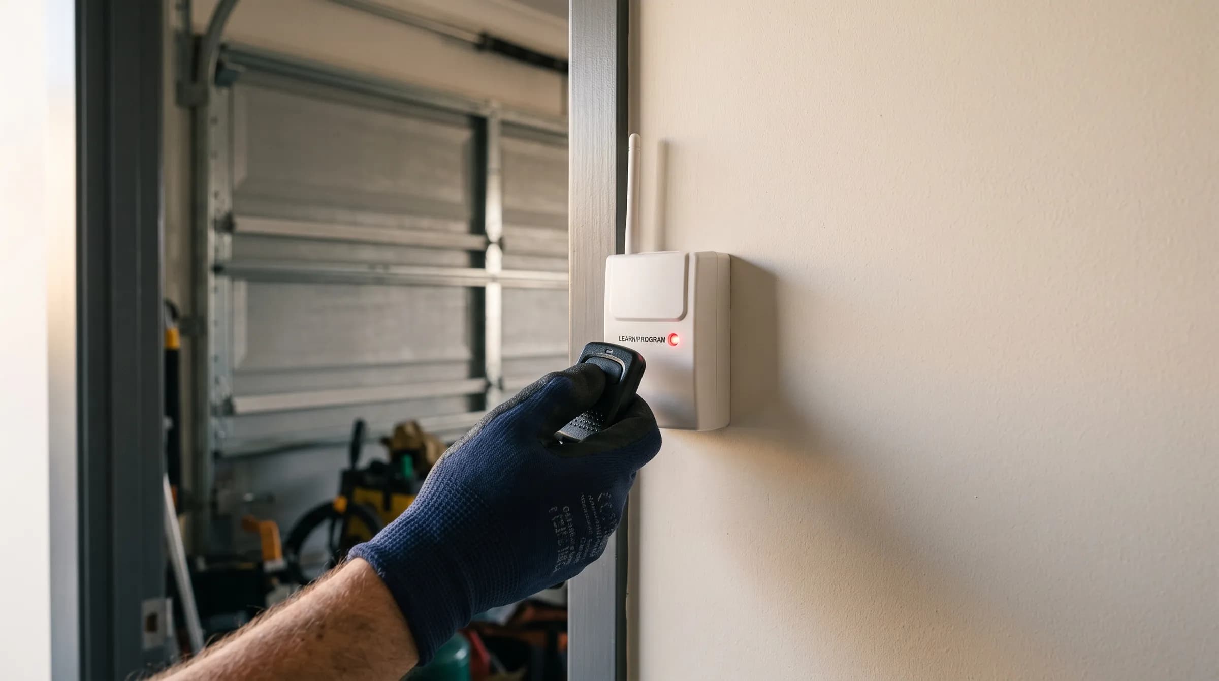 A gloved hand holding a remote up to a wall-mounted opener receiver