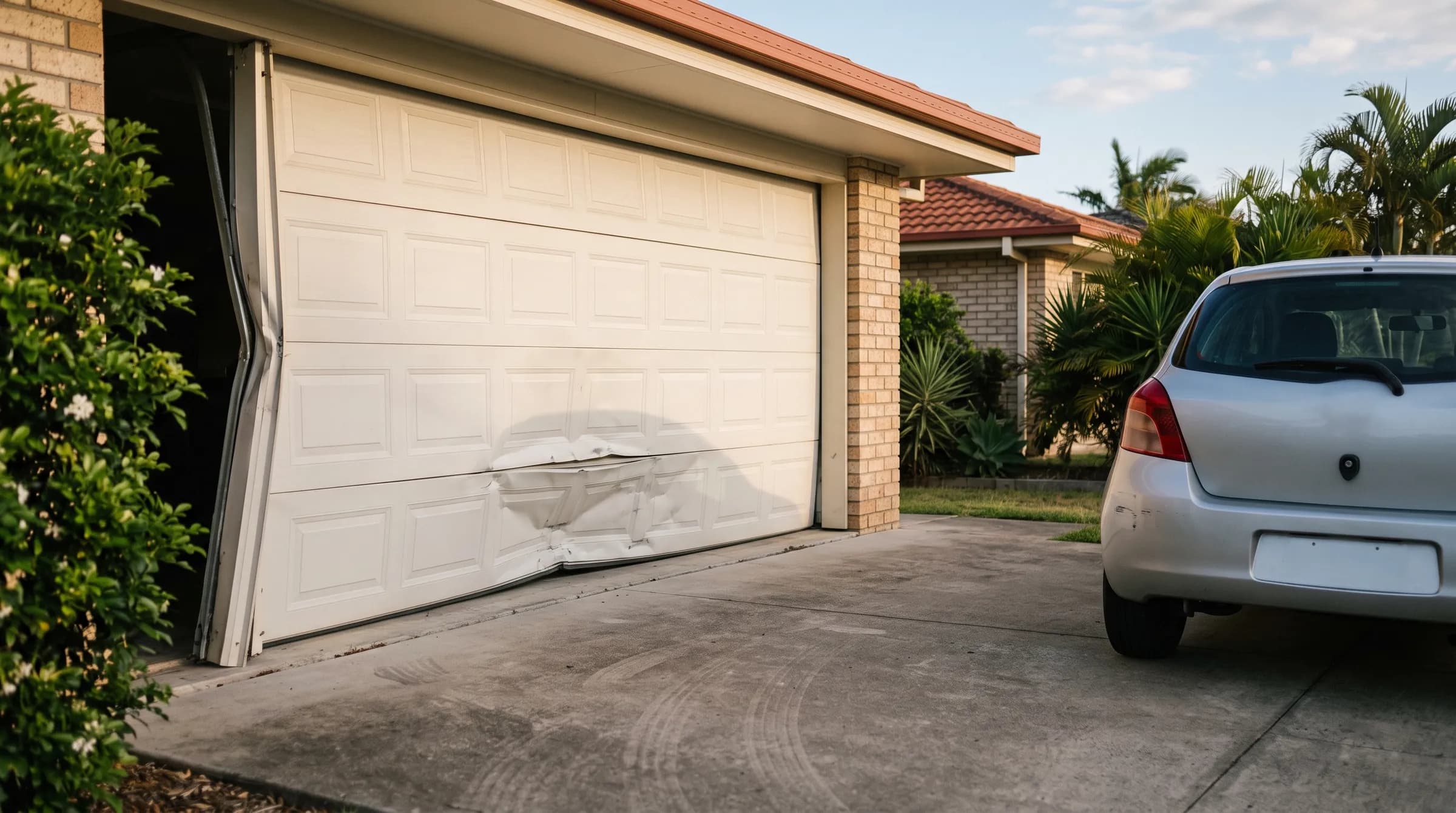 A white sectional garage door with dented lower panels and a bent track, a car reversed away from it