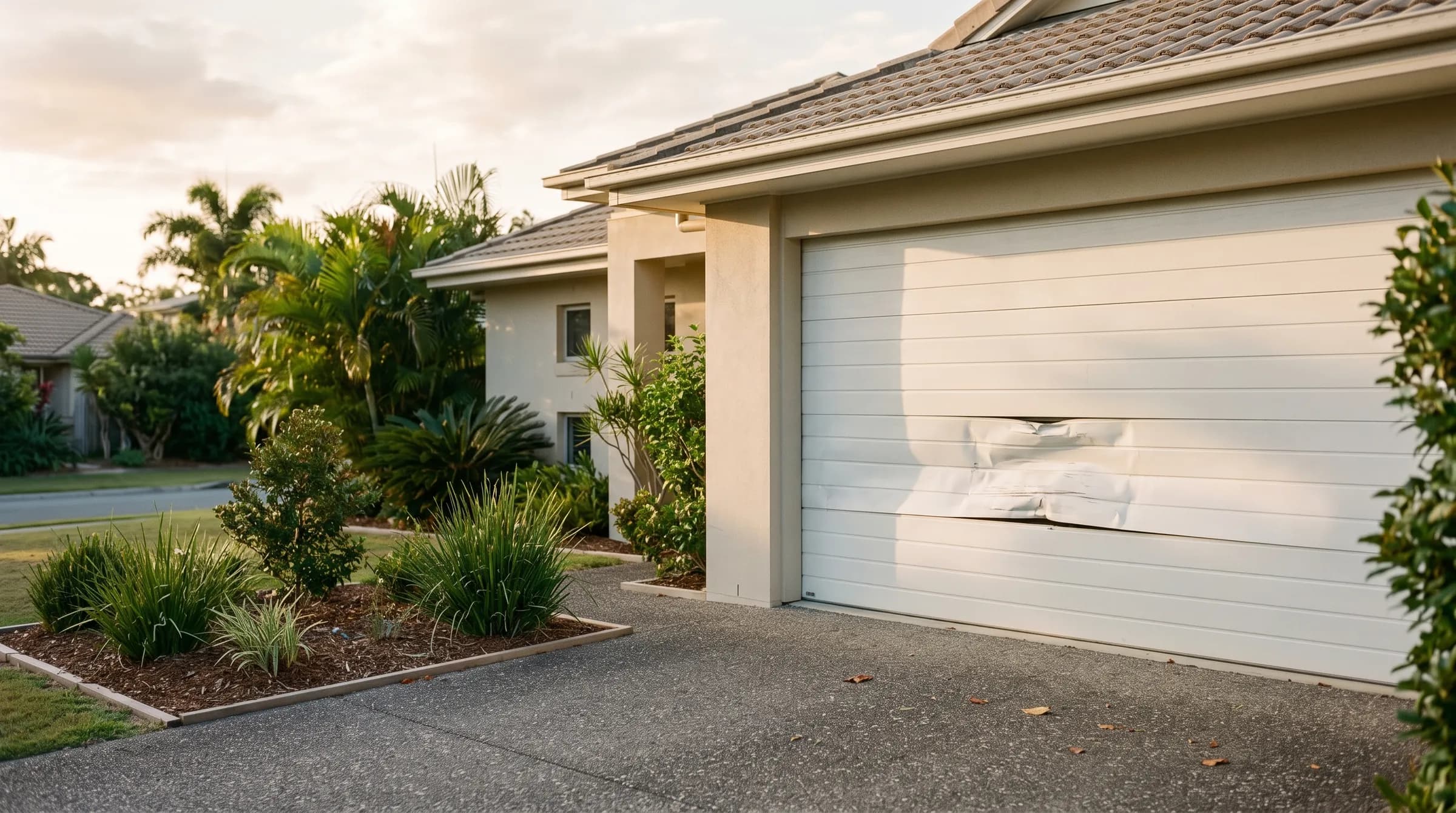 A white sectional door with one dented panel