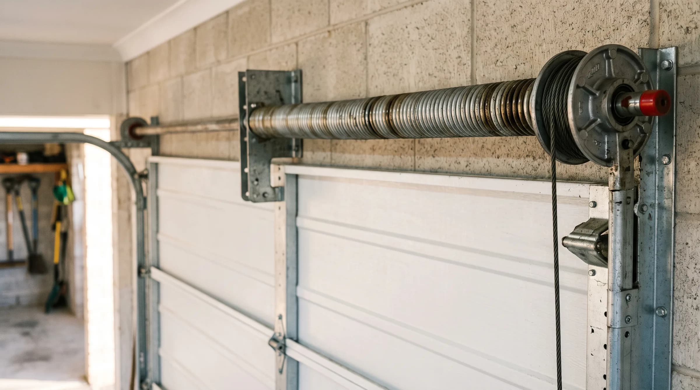 A galvanised torsion spring on its shaft above a white sectional garage door, cable drum in focus