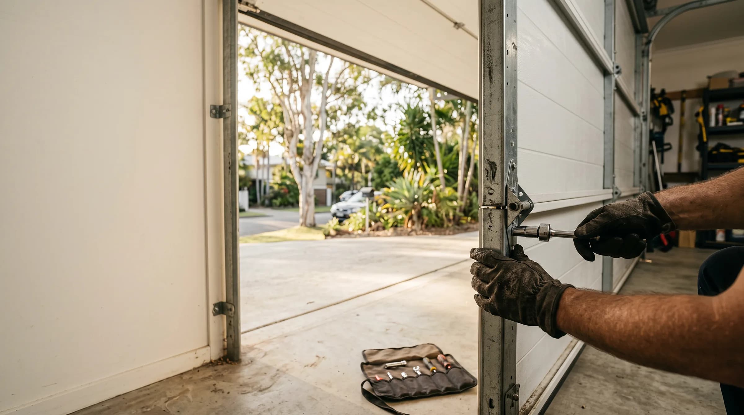 Gloved hands working a socket wrench on the hinge bracket of a white sectional garage door track, driveway beyond