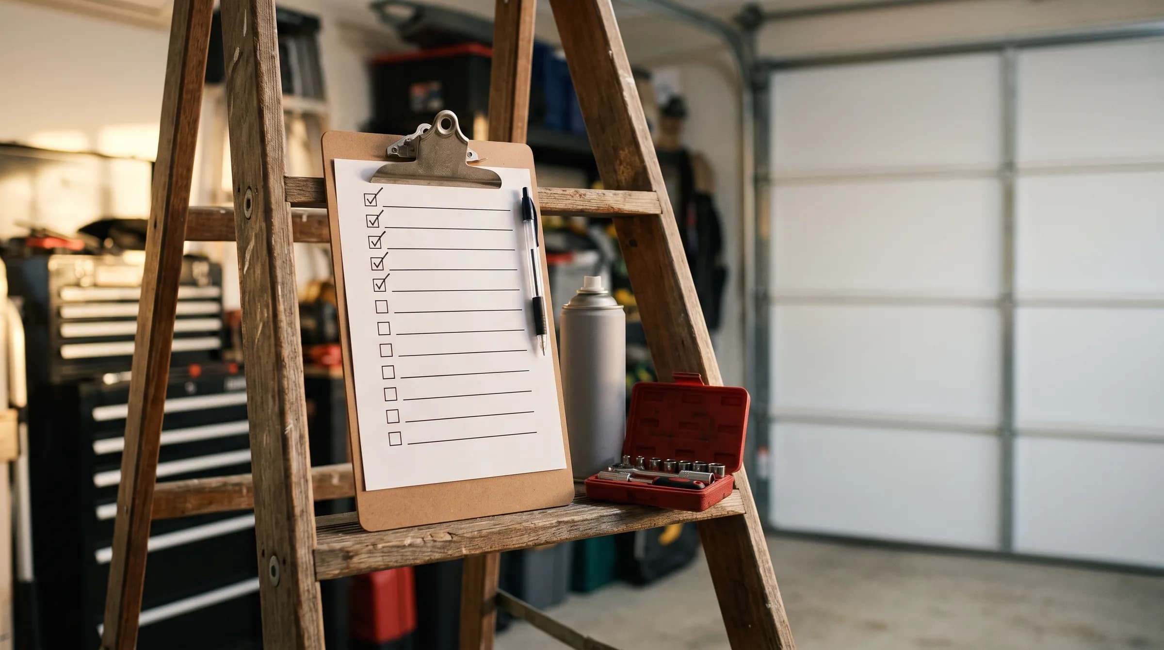 A clipboard with a ticked checklist, a spray can and a socket set on a step ladder inside a garage