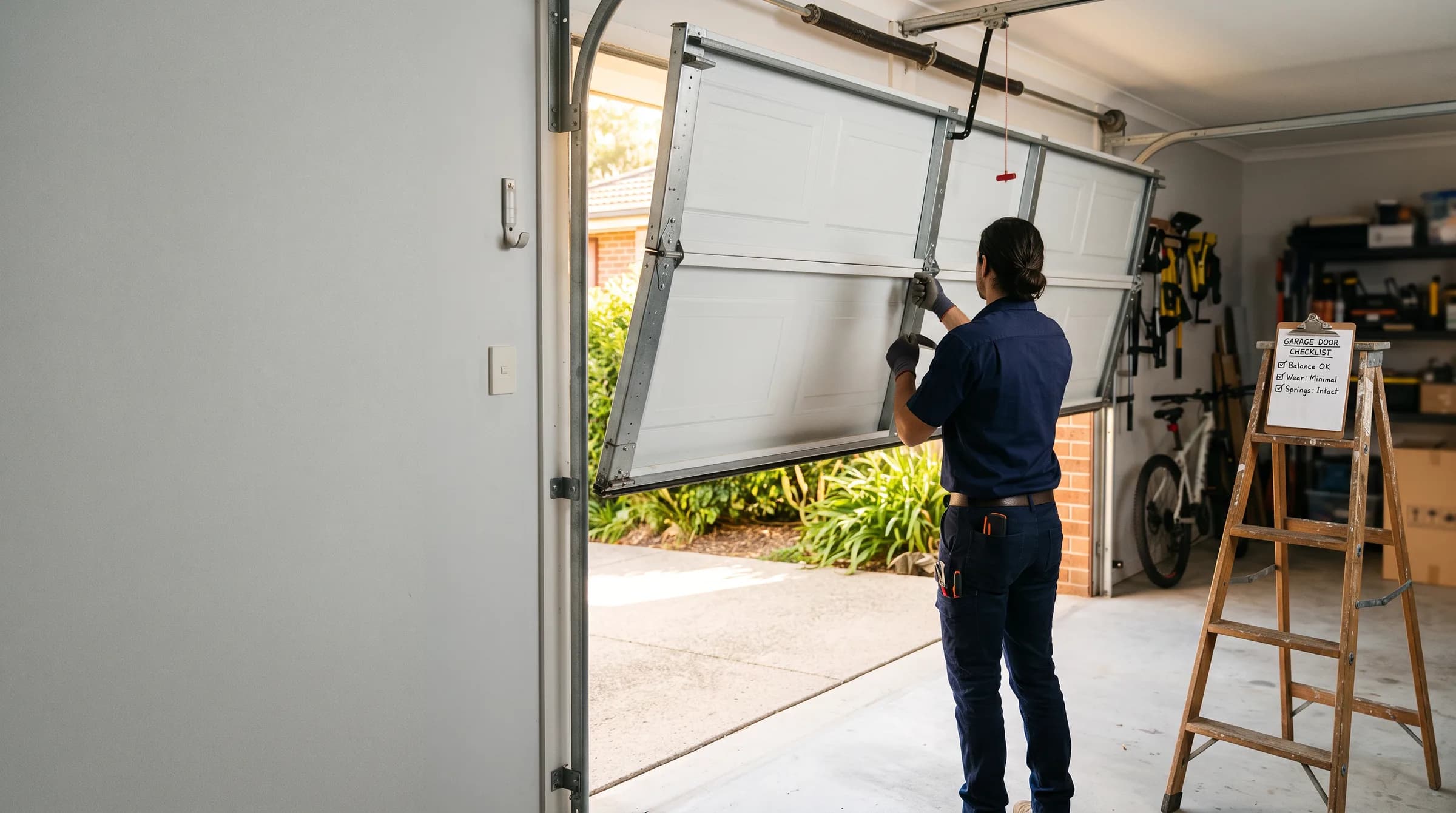 Technician lifting a sectional garage door by hand to check its balance, checklist on a step ladder beside