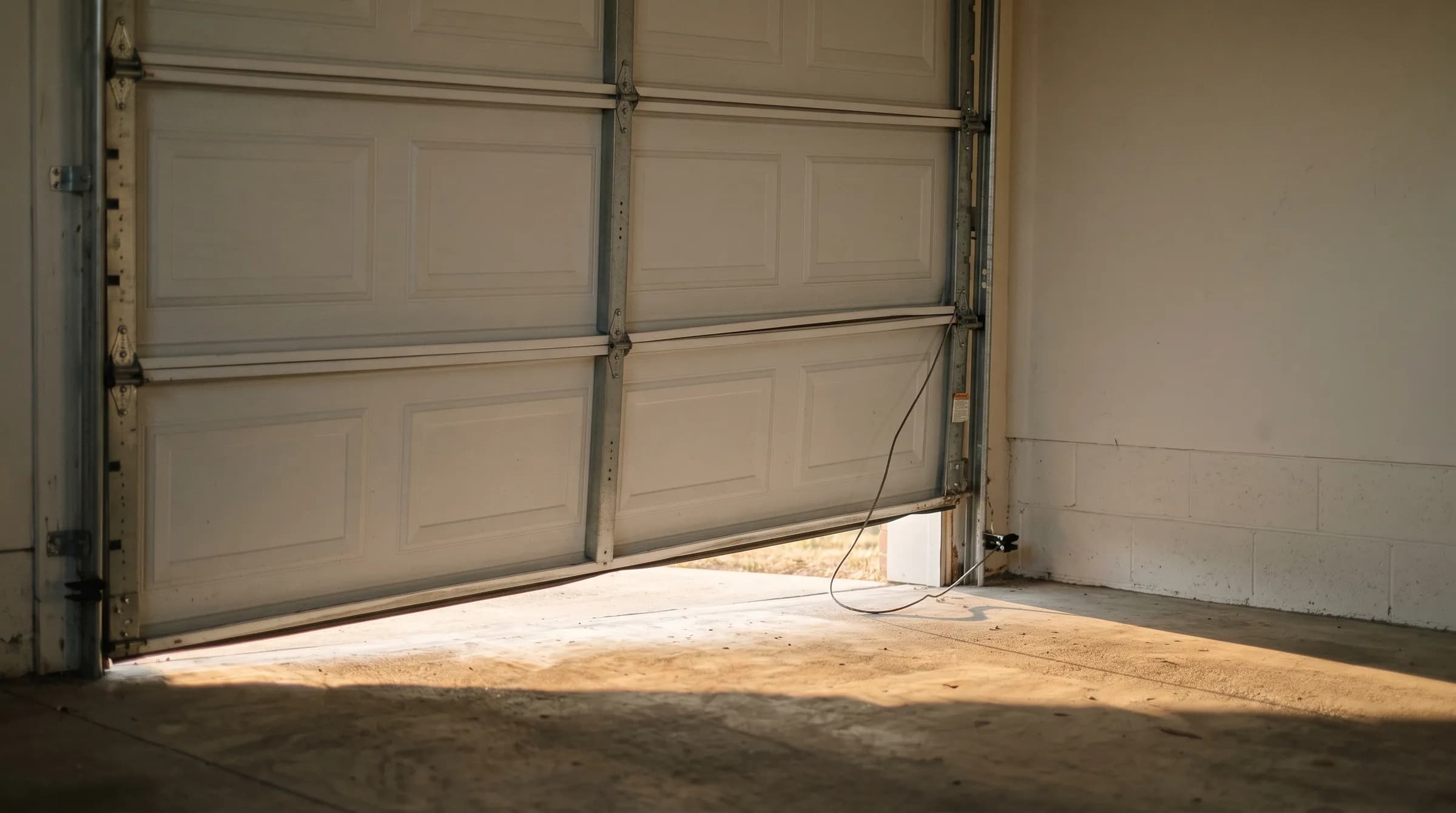 A white sectional garage door sitting crooked with an uneven gap along the floor
