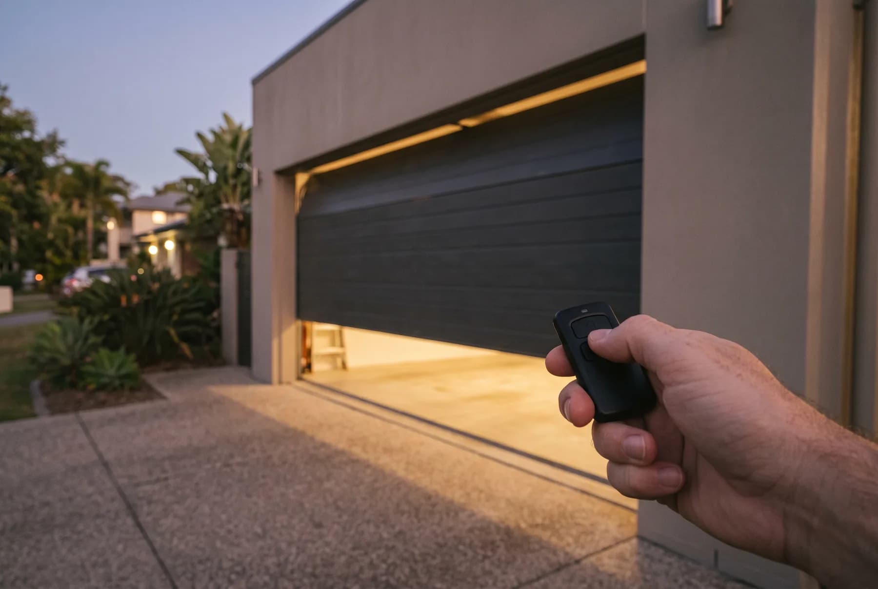 A hand pressing a garage door remote as a charcoal sectional door opens on a Brisbane home at dusk
