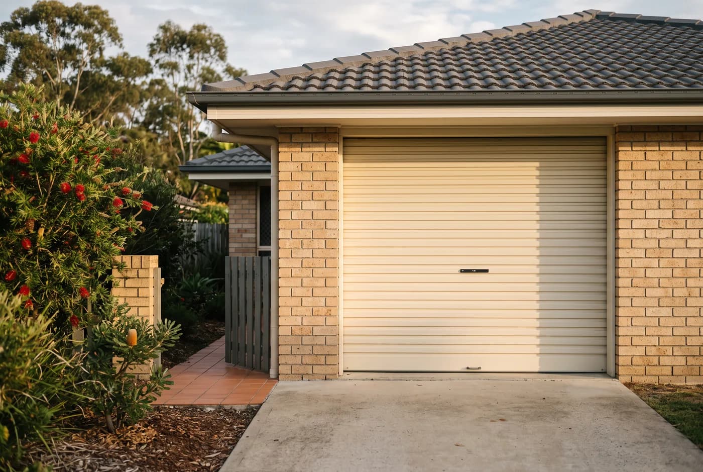 A cream steel roller garage door on a brick Brisbane home