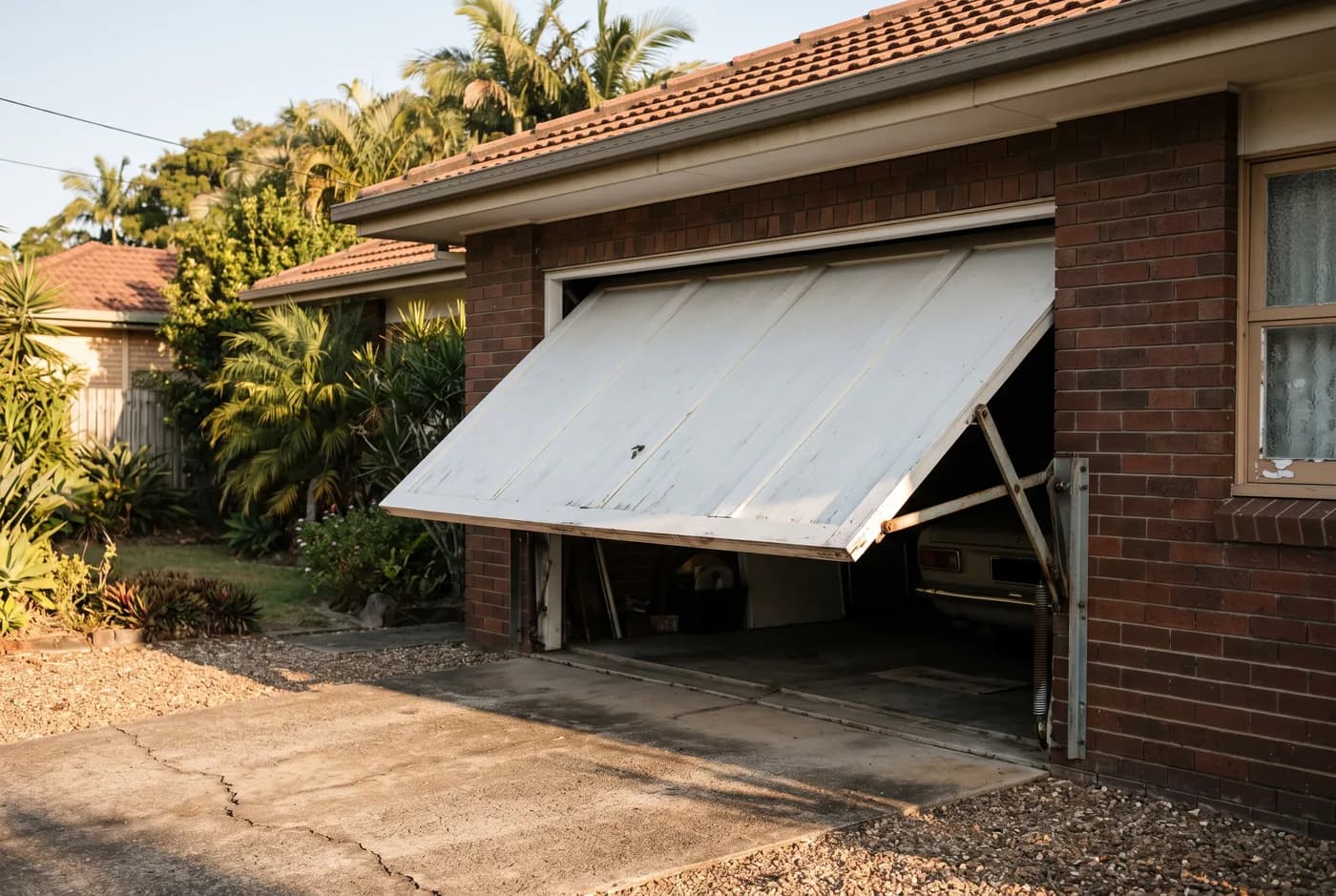 A white one-piece tilt garage door partly open on an older brick home