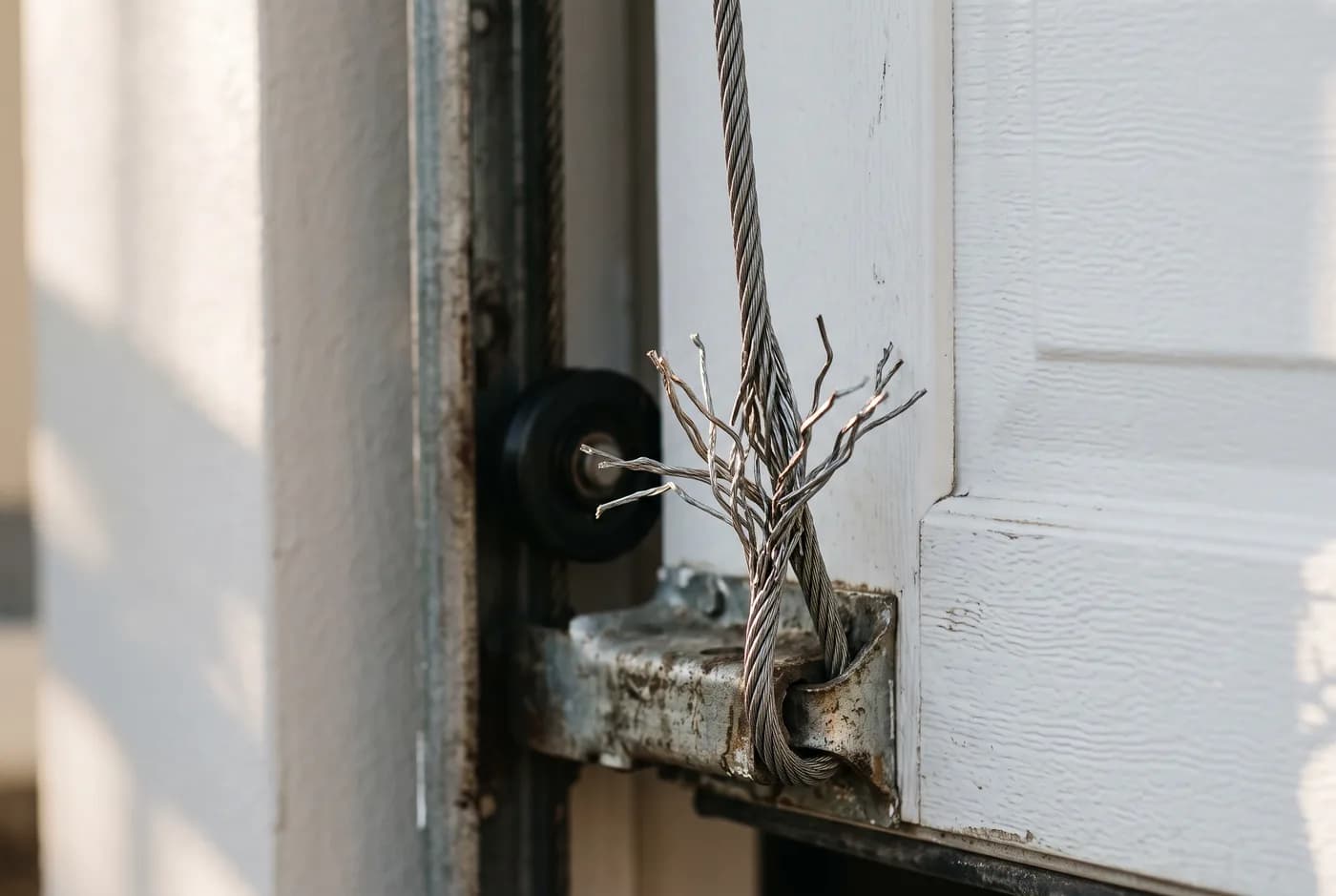 A frayed steel lifting cable at the bottom bracket of a sectional garage door