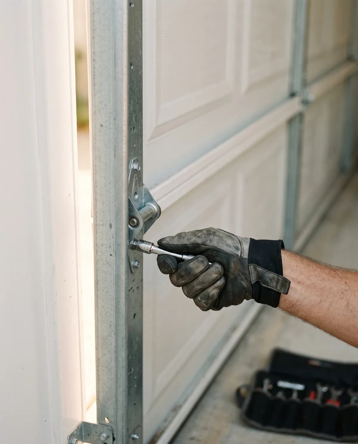 Technician tightening a hinge bracket on the track of a white sectional garage door