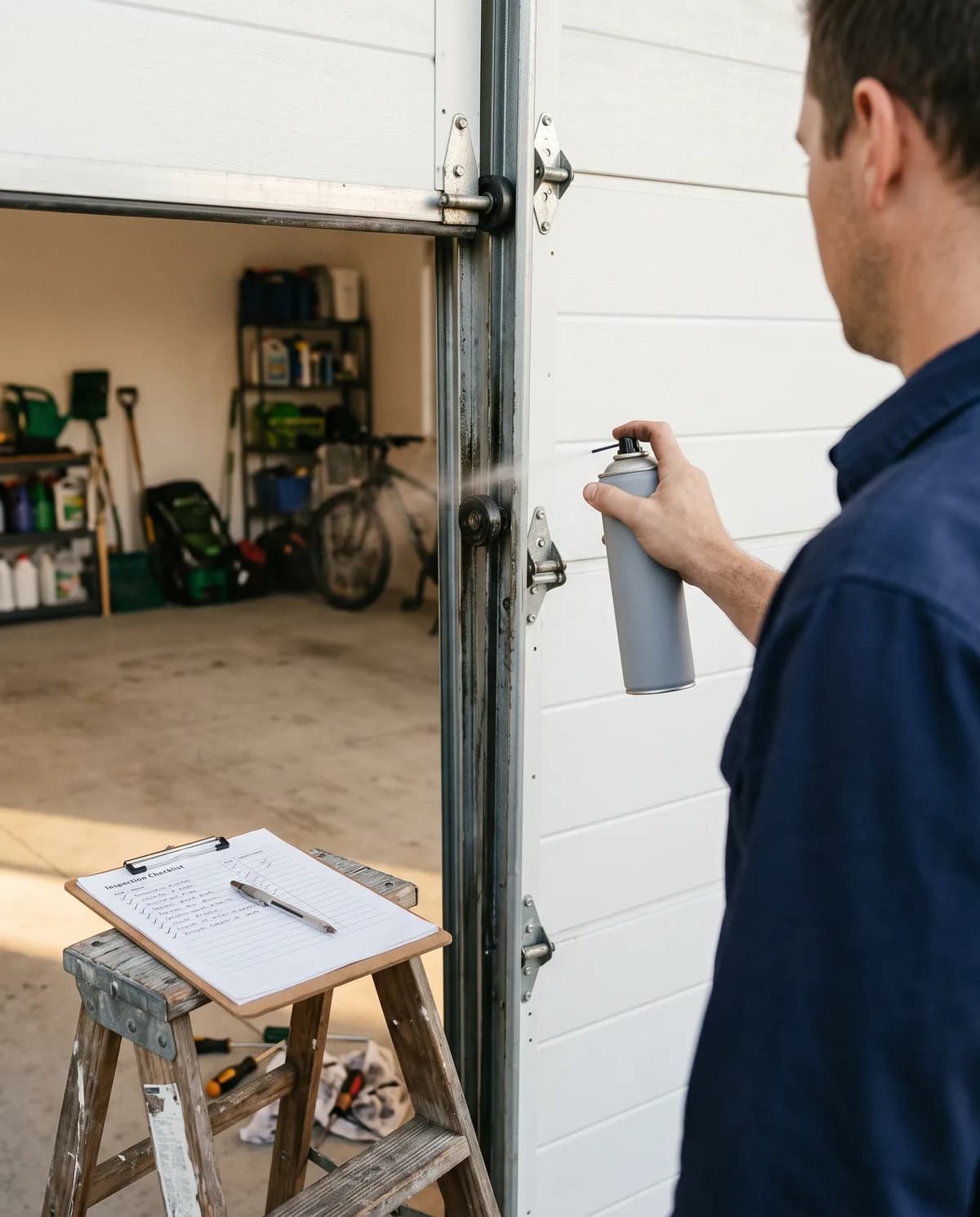 Technician lubricating the rollers and hinges of a sectional garage door during a service