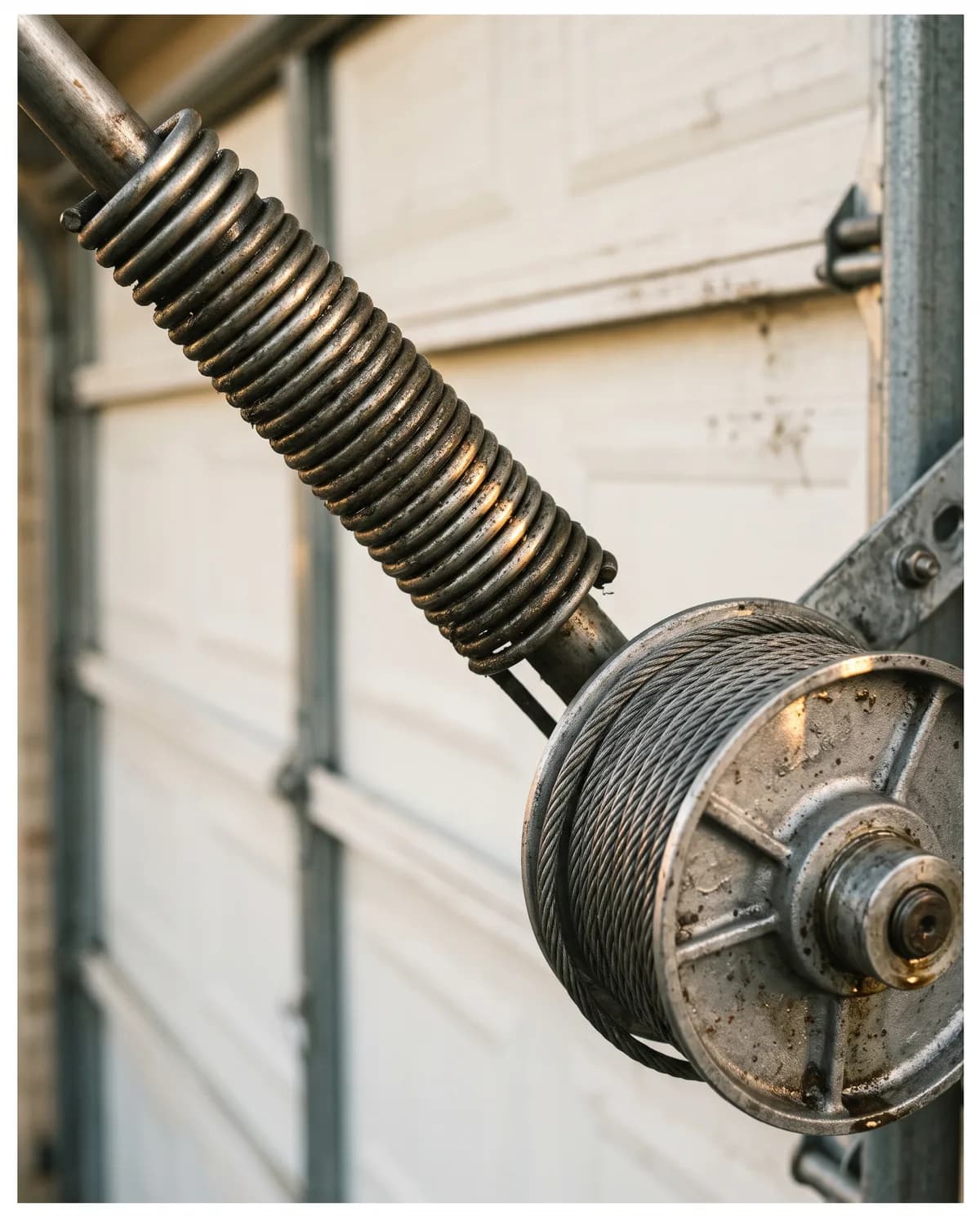 Close-up of a garage door torsion spring and cable drum above a sectional door