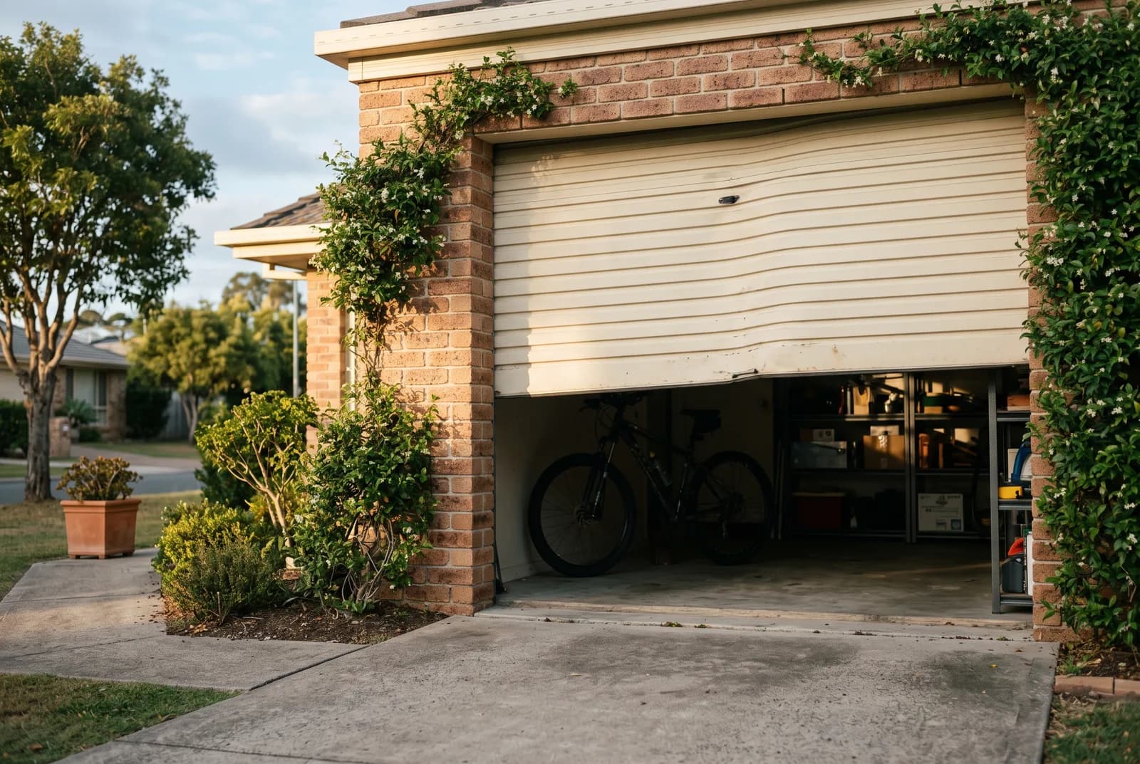 A cream roller door on a brick Brisbane home stopped halfway open and sitting slightly crooked