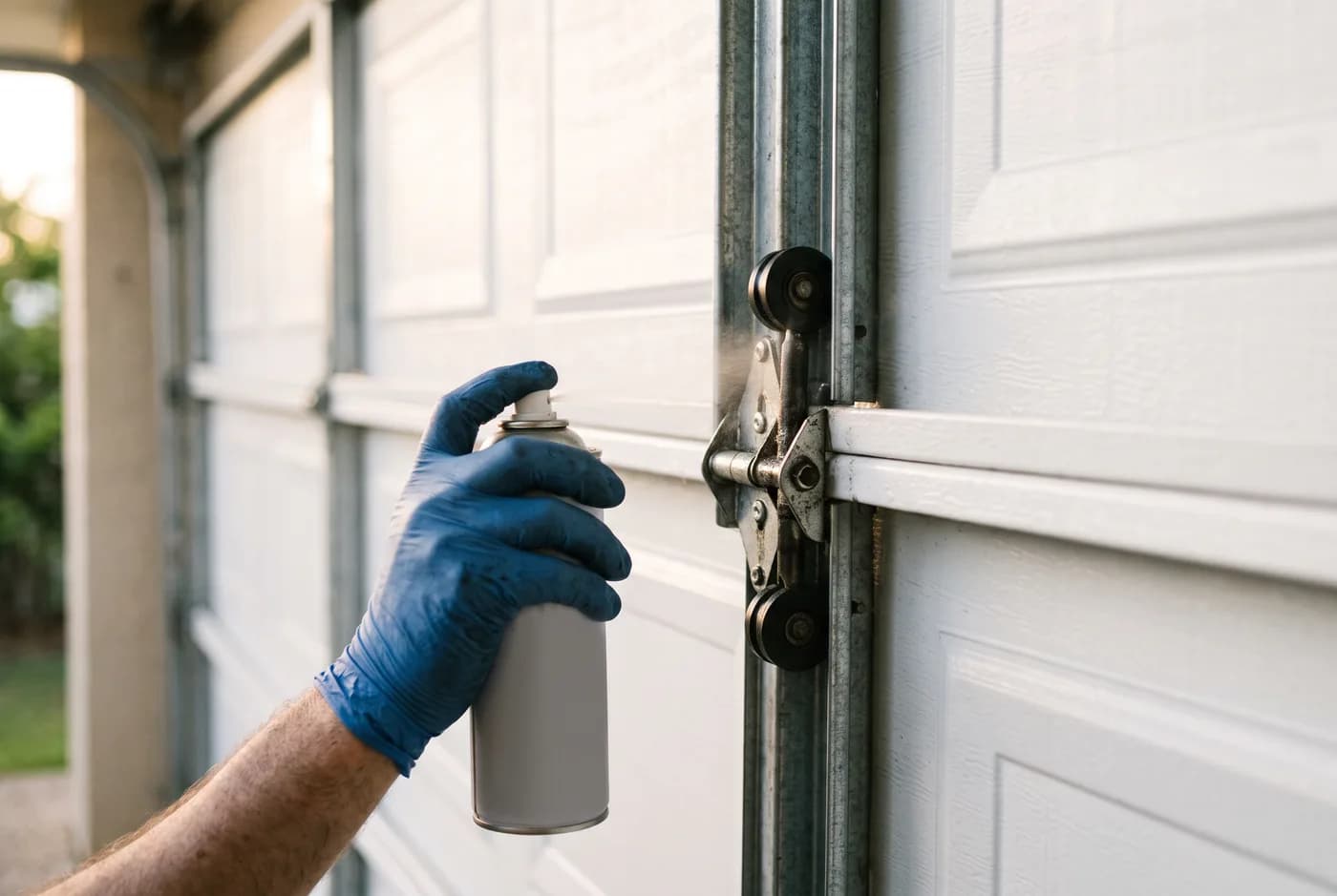A gloved hand lubricating a hinge and roller stem on a sectional garage door