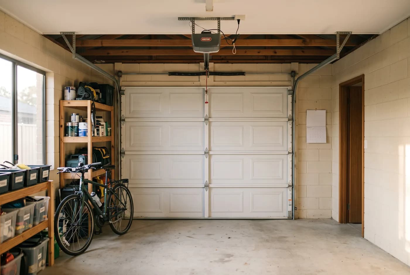 A tidy residential garage with a closed sectional door and opener on the ceiling