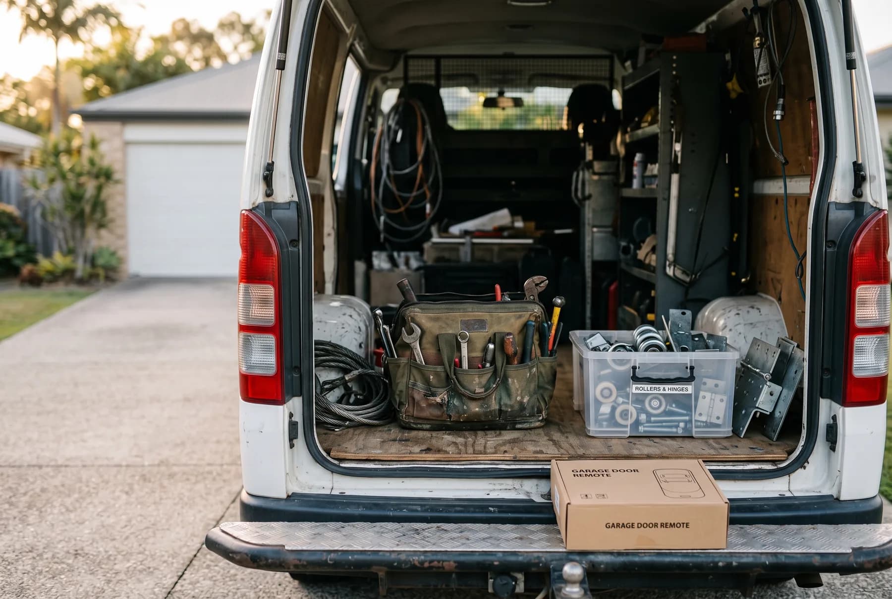 The open rear of a white van holding a tool bag, a tub of garage door rollers and hinges, coiled cable and a boxed remote