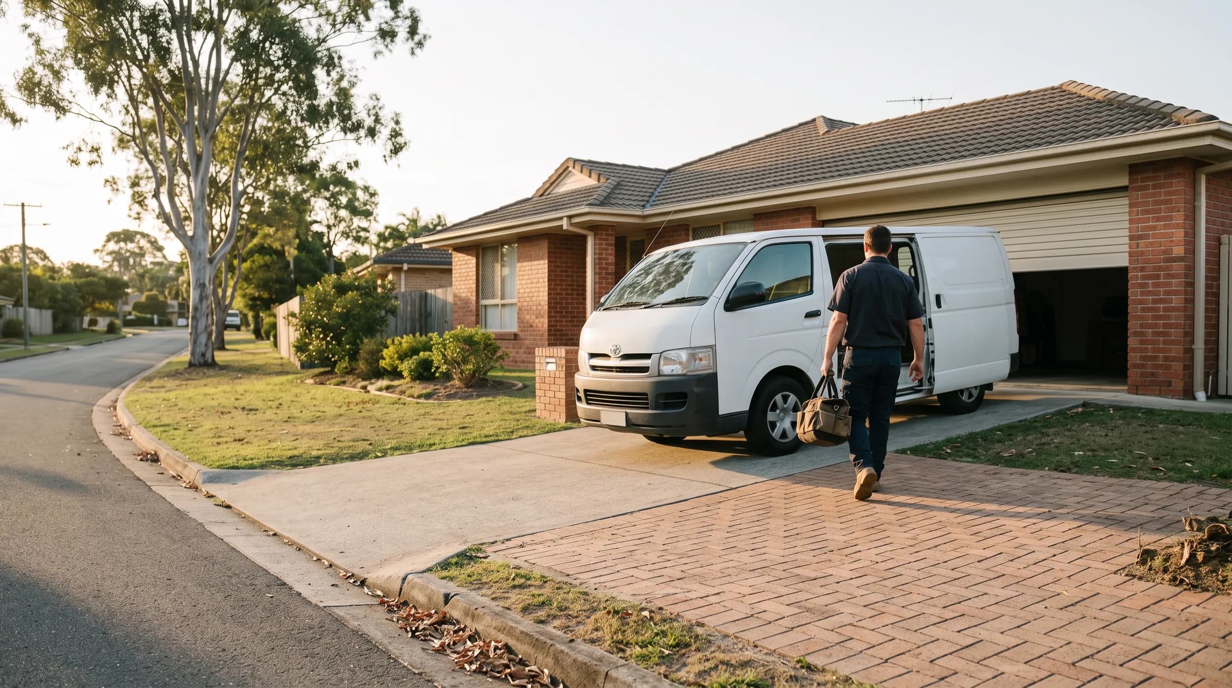 A technician seen from behind carrying a tool bag from a plain white van toward an open garage