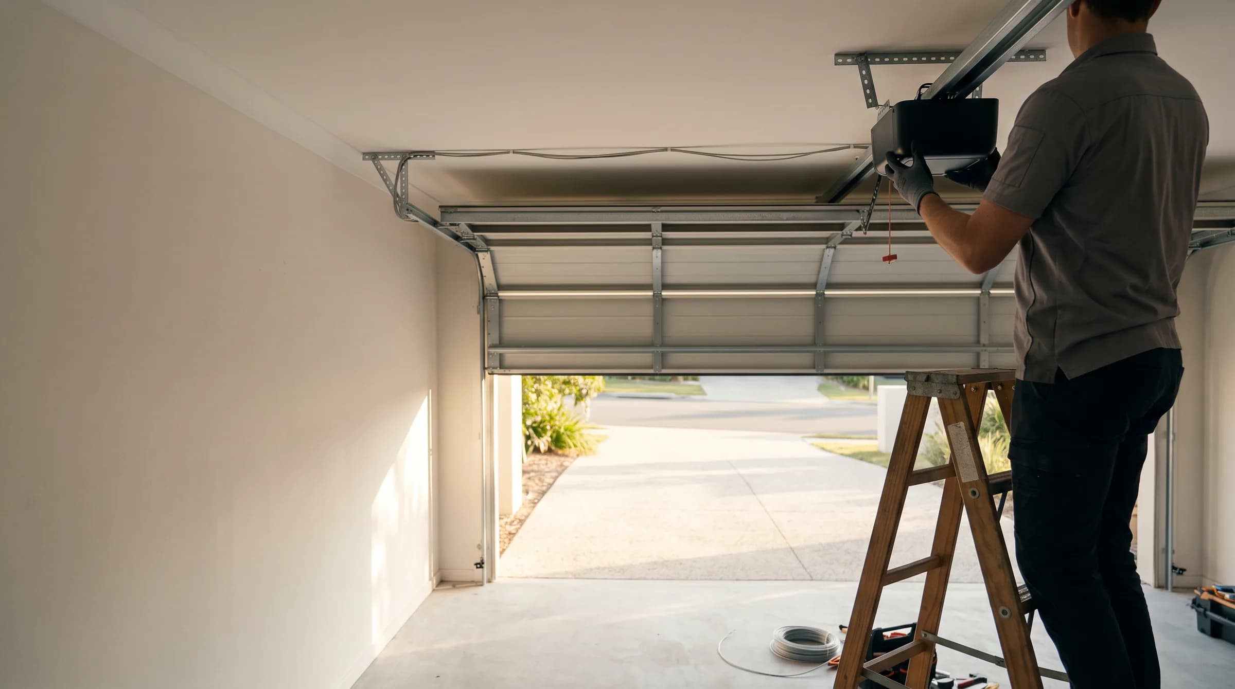Technician on a step ladder lifting a garage door opener onto its ceiling rail