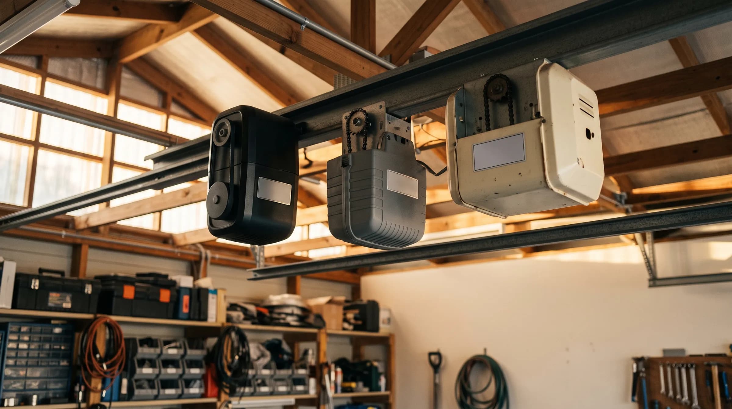 Three different residential garage door opener units side by side in a workshop
